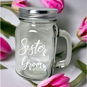 NWT Wool + Pepper Co. SISTER OF THE GROOM Glass Mason Jar Cup with Handle